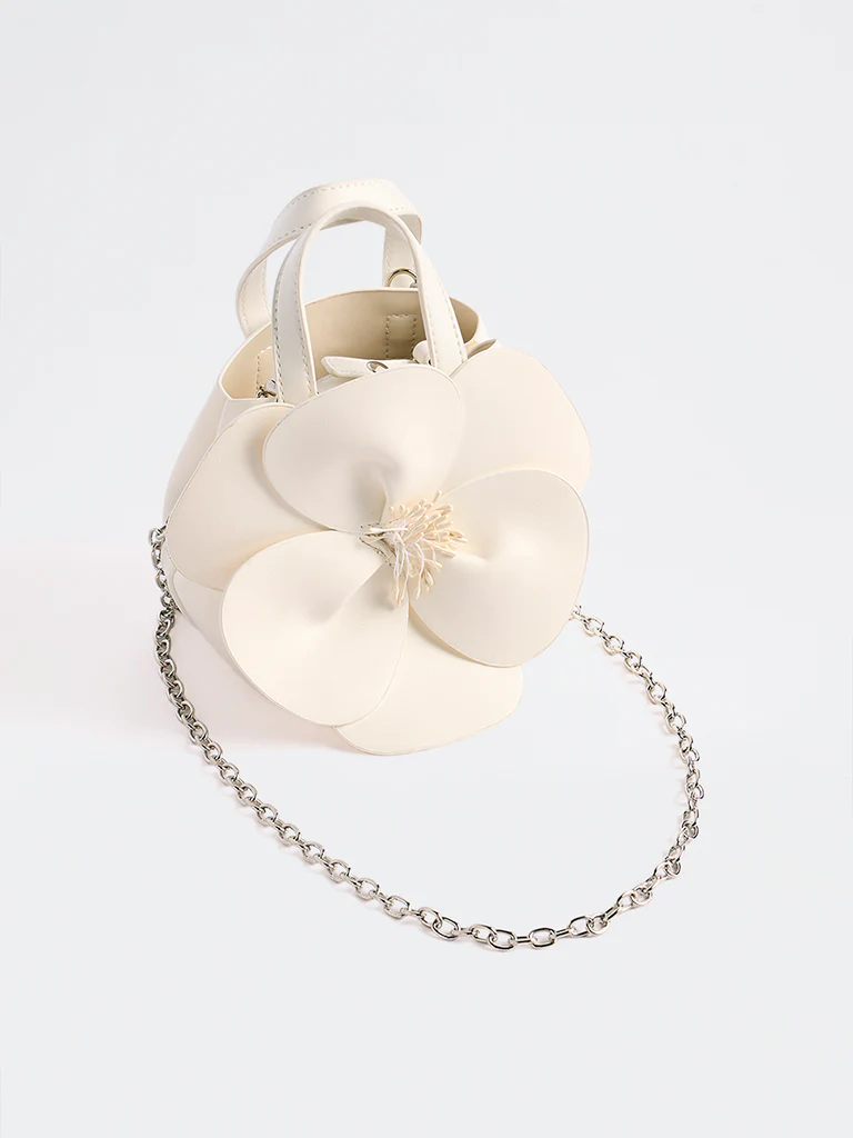 Westside White Floral Embellished Handbag with a Pouch - Image 2