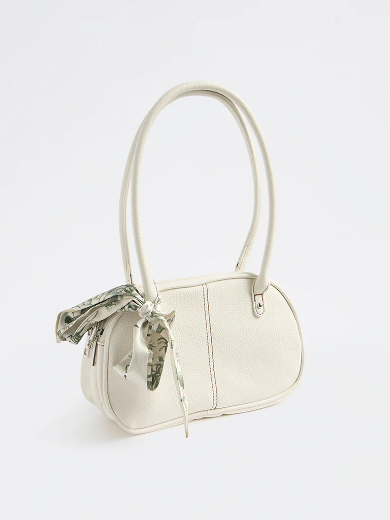 Westside White Textured Shoulder Bag with a Scarf - Image 2