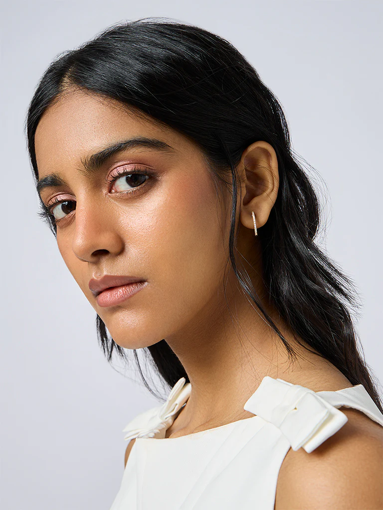 White Gold Plated Lab Diamond Studded Hoop Earrings - Image 4