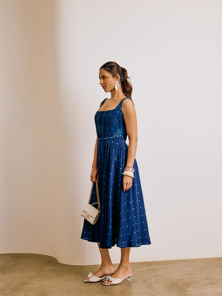 Bandhani Print  Midi Dress - Blue - Image 2