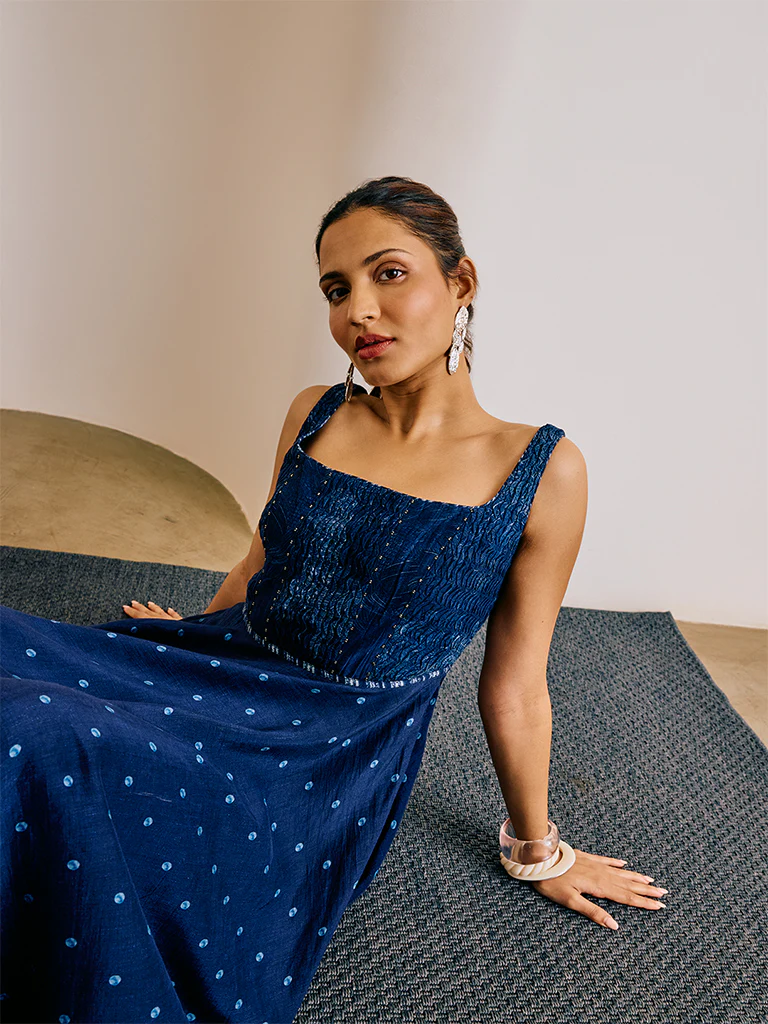 Bandhani Print  Midi Dress - Blue - Image 3