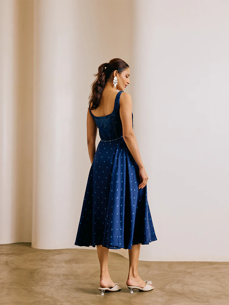 Bandhani Print  Midi Dress - Blue - Image 4