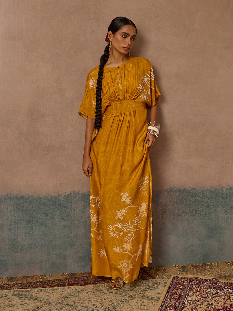 Botanical Design Mustard Kaftan - Image 2