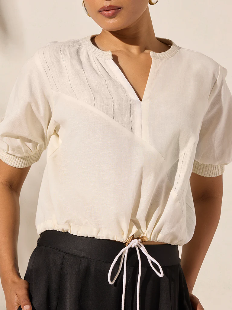 Drawstring Detailed Top - Cream - Image 2