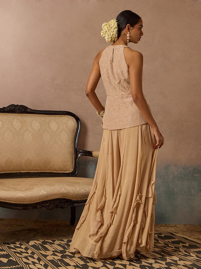 Embellished Beige Top with Pants Set - Image 5