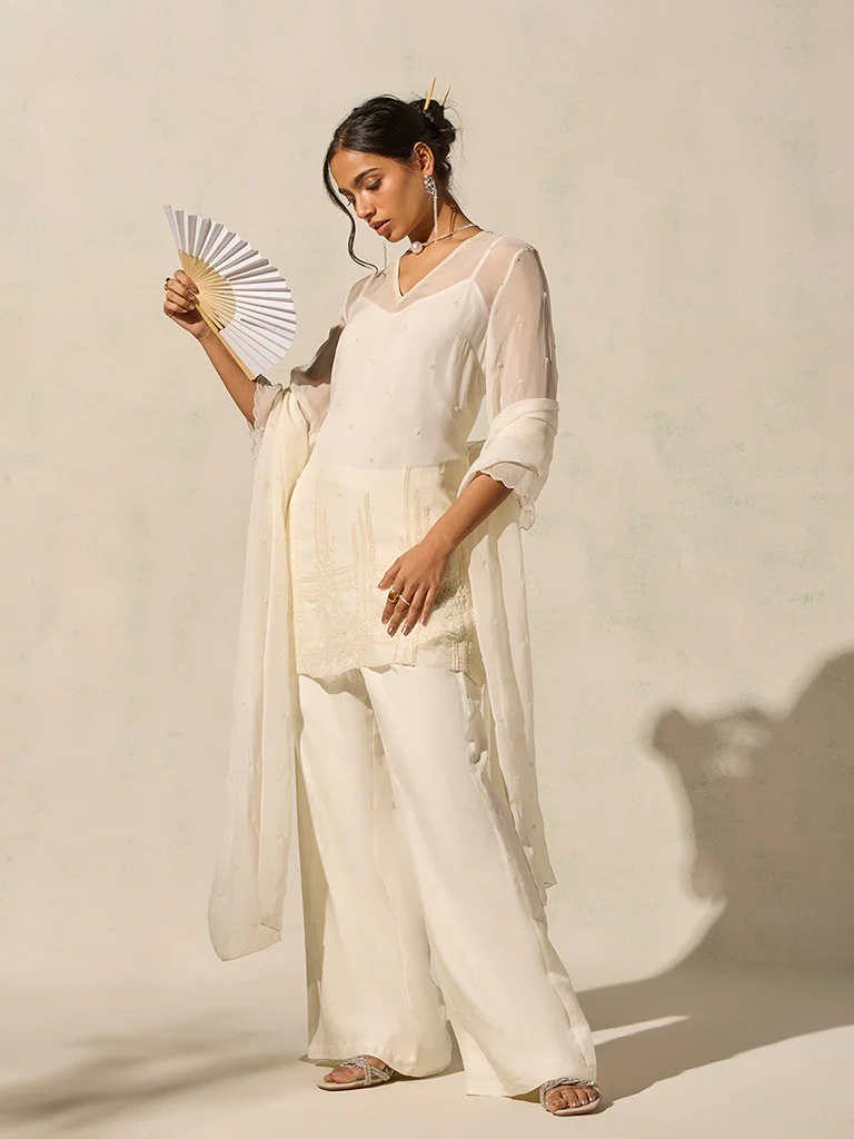 Embellished Kurta Set - Cream - Image 2