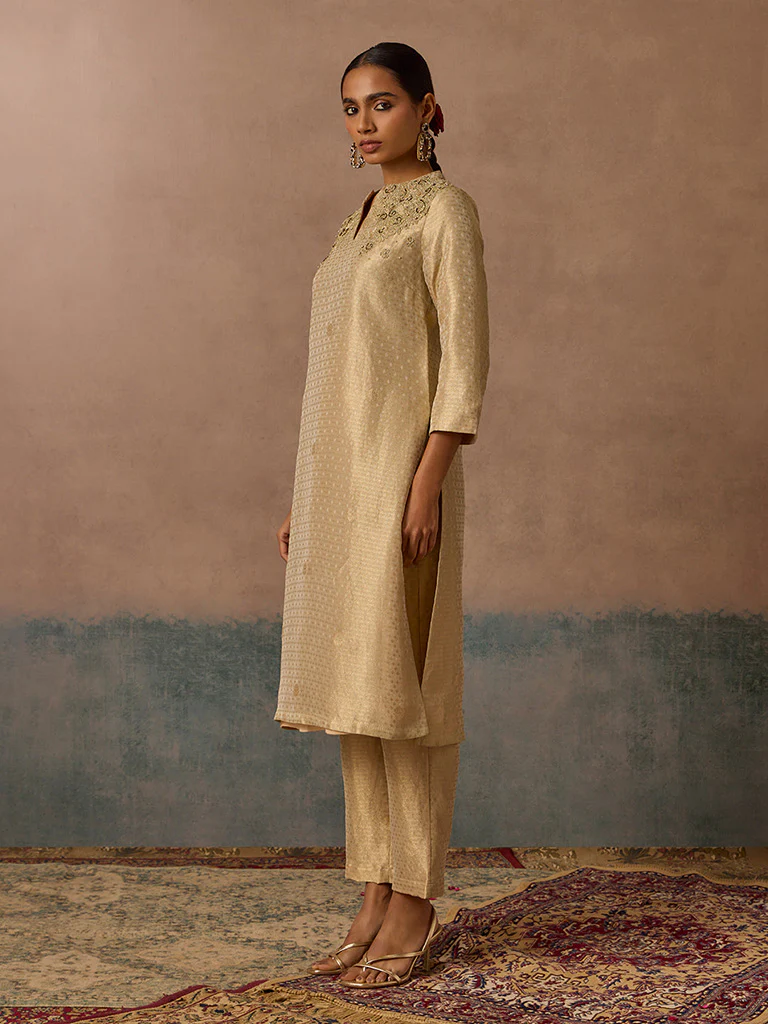 Embroidered Gold Kurta Set - Image 2