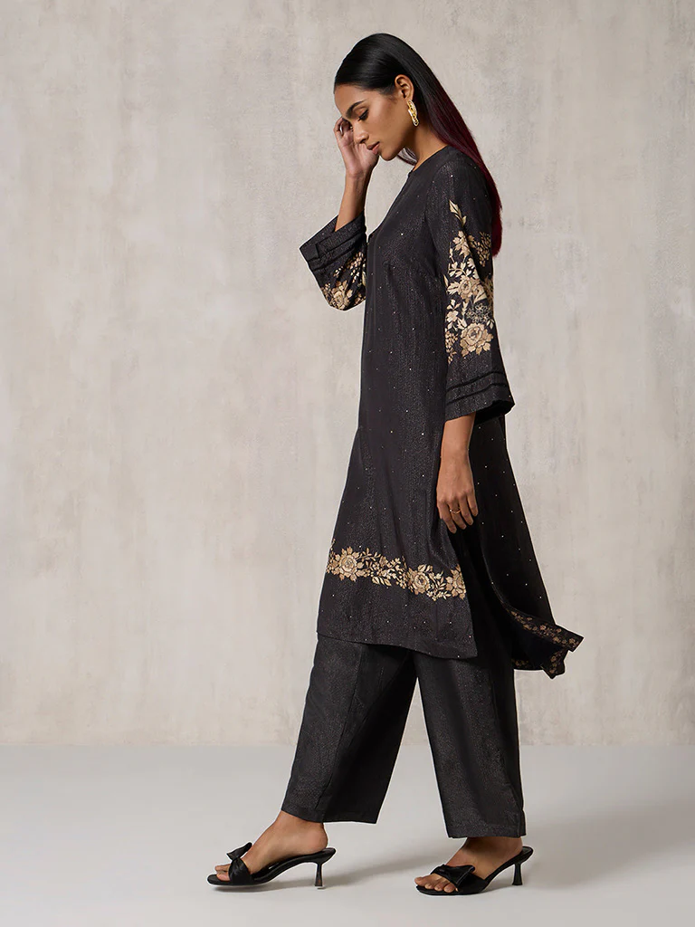 Floral Design Black Kurta Set - Image 2