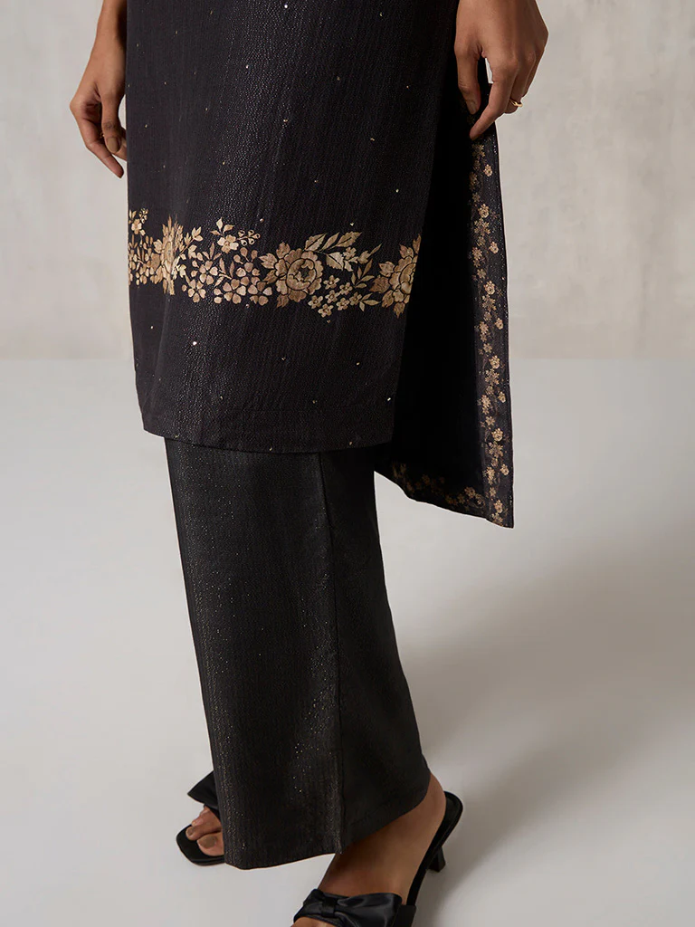 Floral Design Black Kurta Set - Image 3