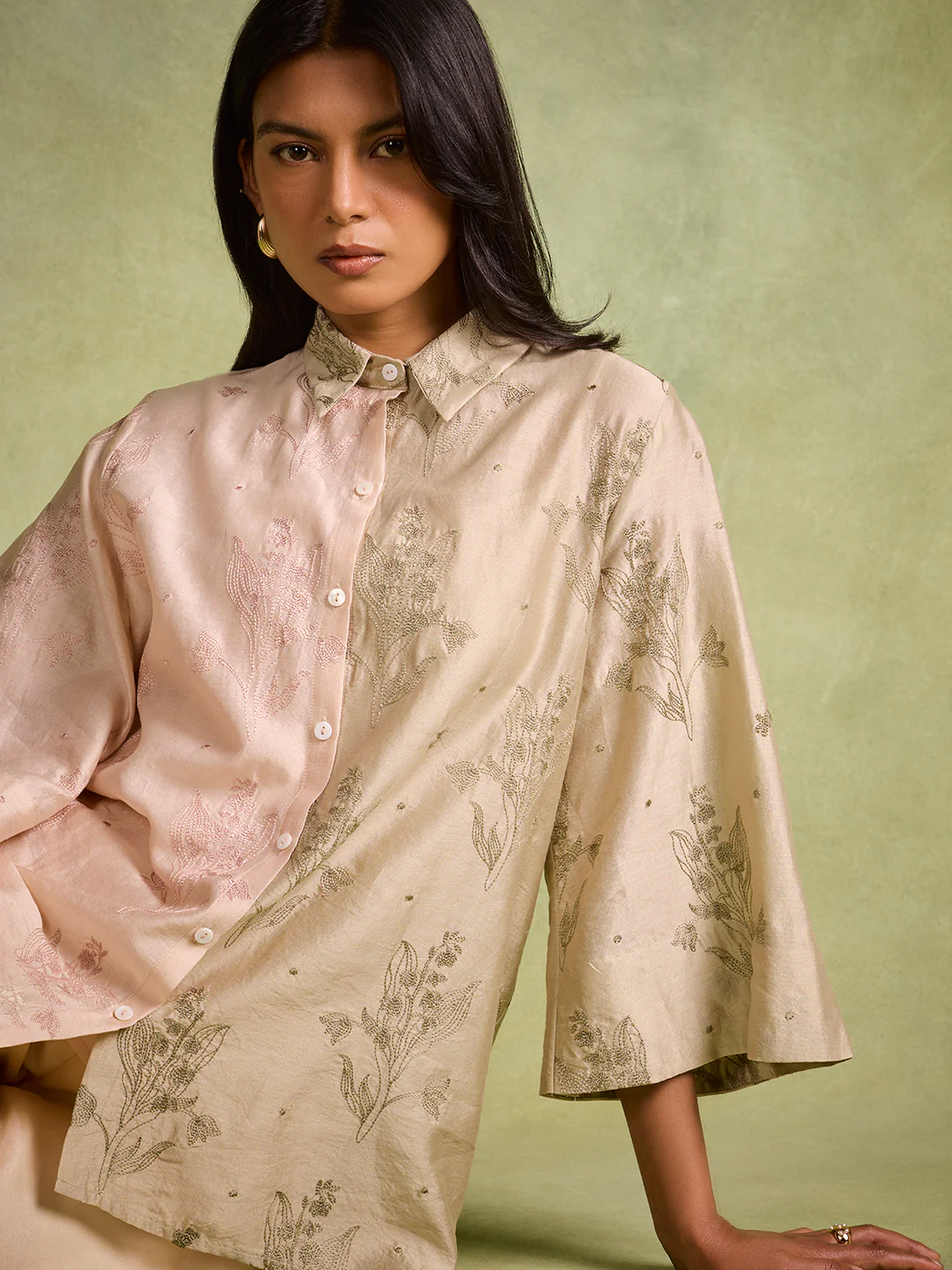 Floral Embroidered Shirt– Beige - Image 3