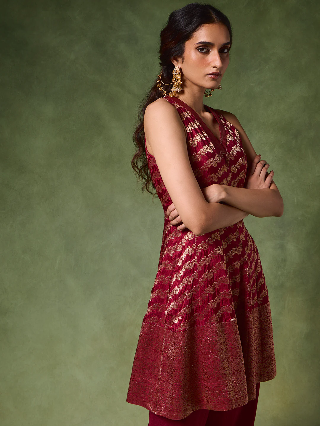 Jacquard A-Line Kurta – Red - Image 2