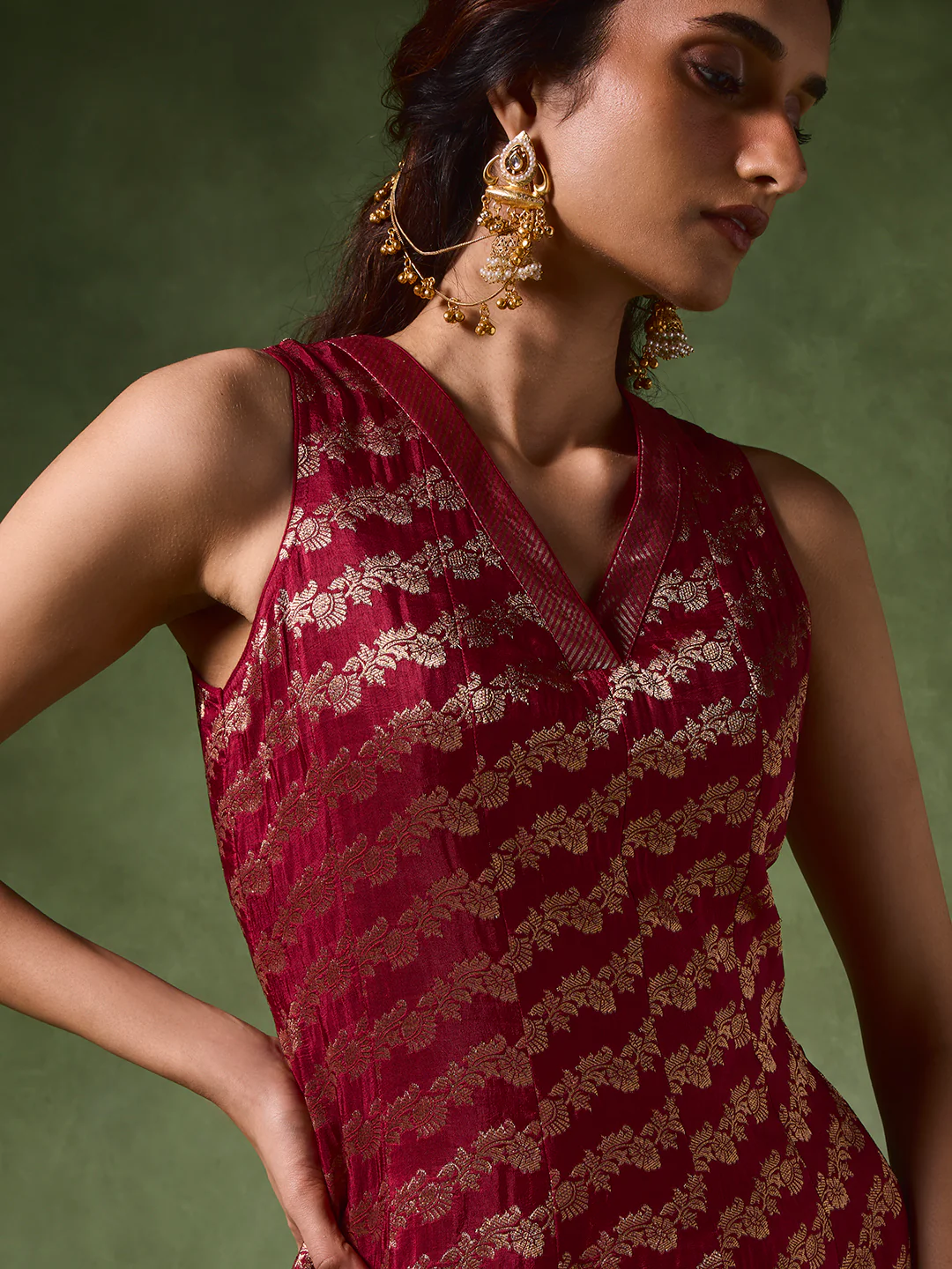 Jacquard A-Line Kurta – Red - Image 3
