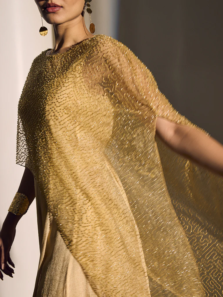 Jumpsuit with Embellished Cape - Cream - Image 3