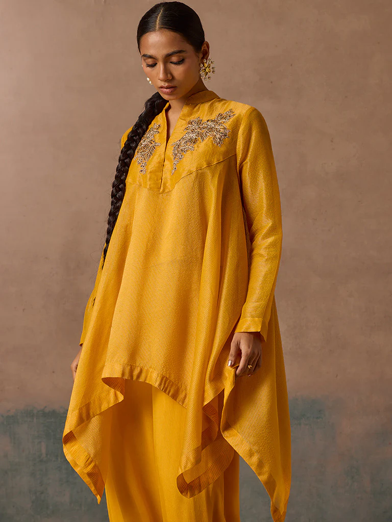 Mustard Embroidered Asymmetric Kurta - Image 2