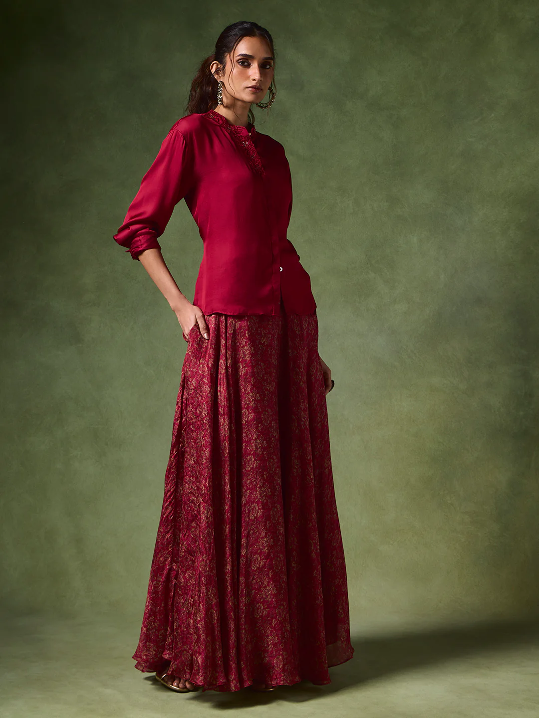 Organza Shirt with Camisole – Red - Image 2
