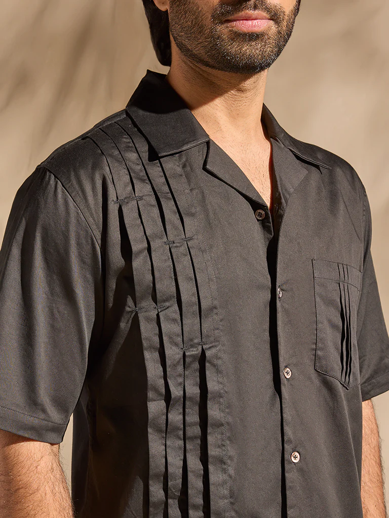 Pintuck Cotton Shirt - Black - Image 3