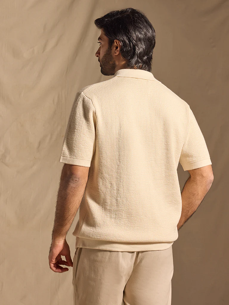 Popcorn Textured Polo T-Shirt - Cream - Image 4