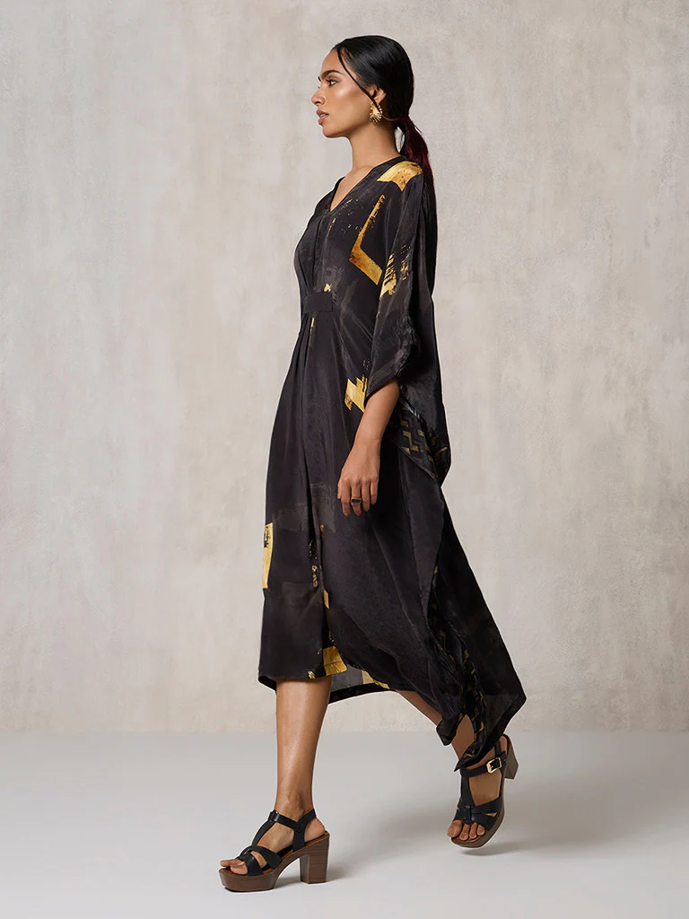 Printed Black Kaftan with Slip - Image 2