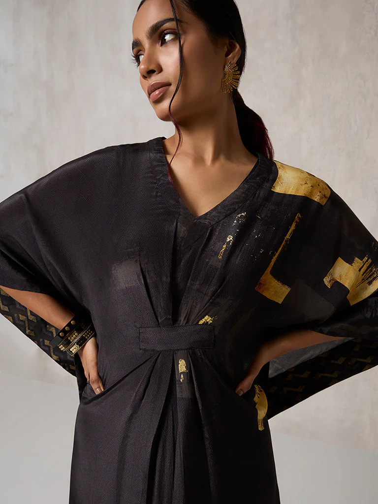 Printed Black Kaftan with Slip - Image 3