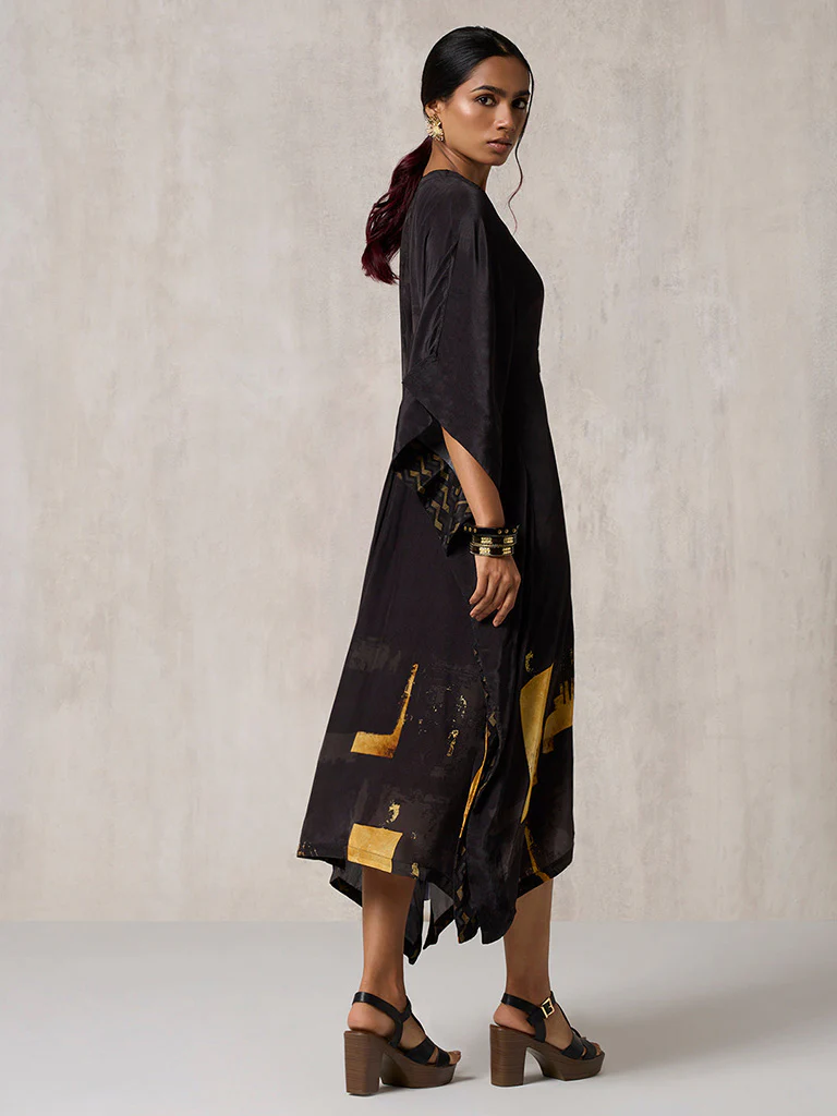 Printed Black Kaftan with Slip - Image 4