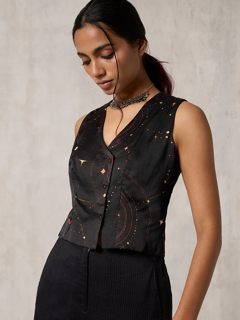 Printed Black Waist Coat - Image 2