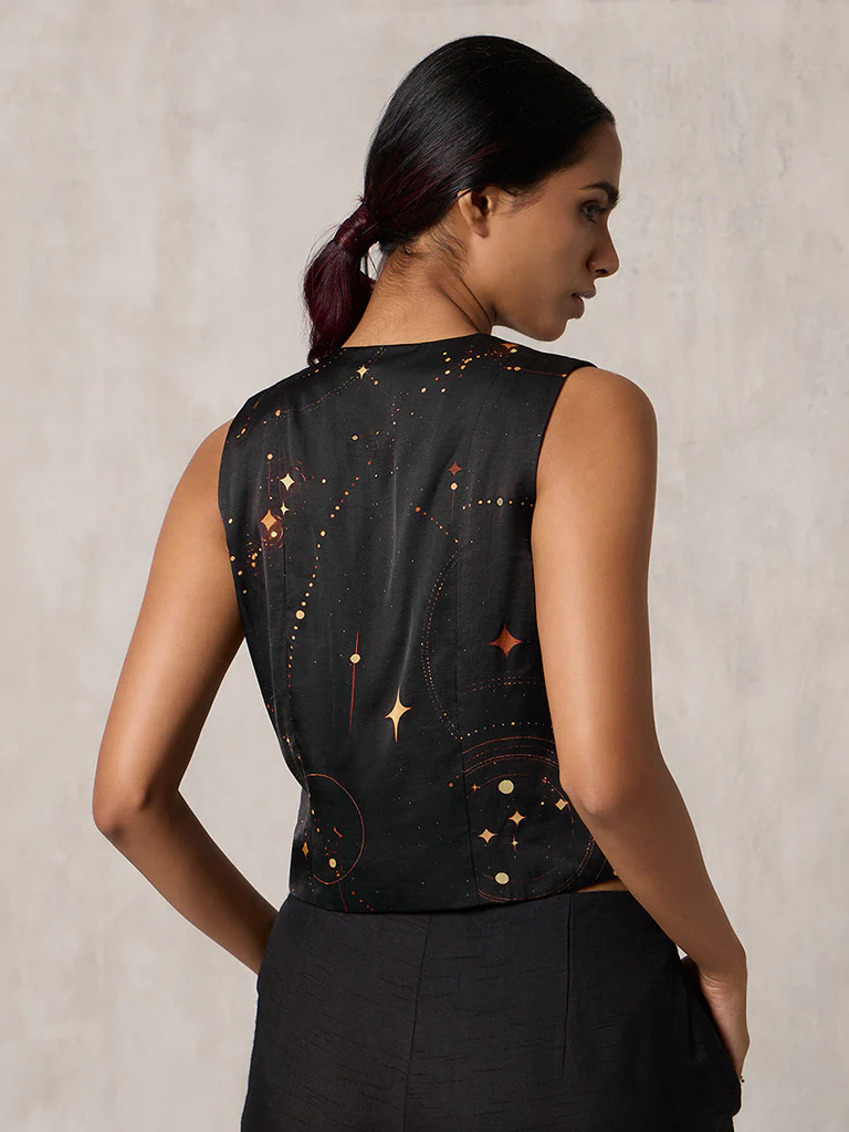 Printed Black Waist Coat - Image 4