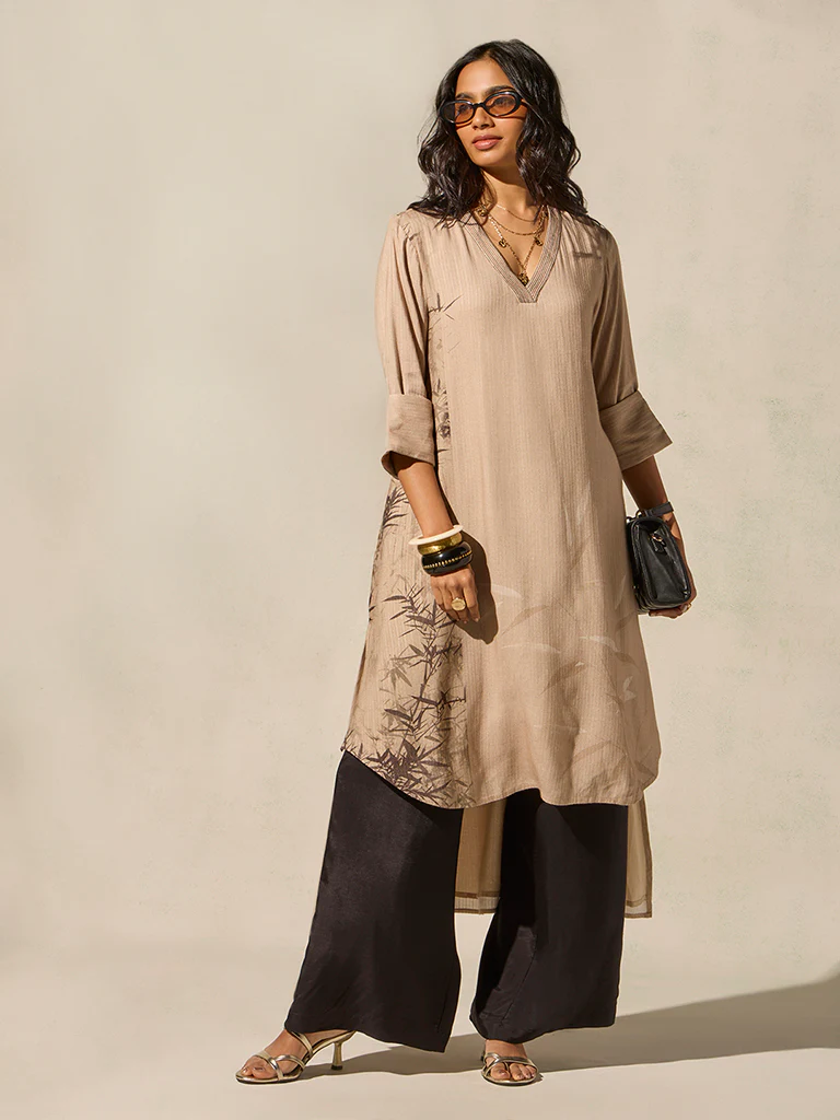 Printed High-Low Kurta - Beige