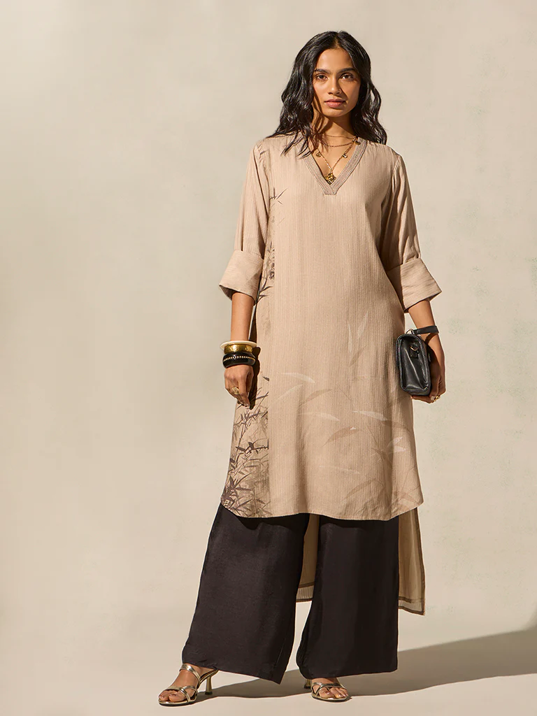 Printed High-Low Kurta - Beige - Image 2