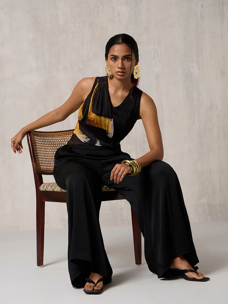 Printed Wide-Leg Black Jumpsuit