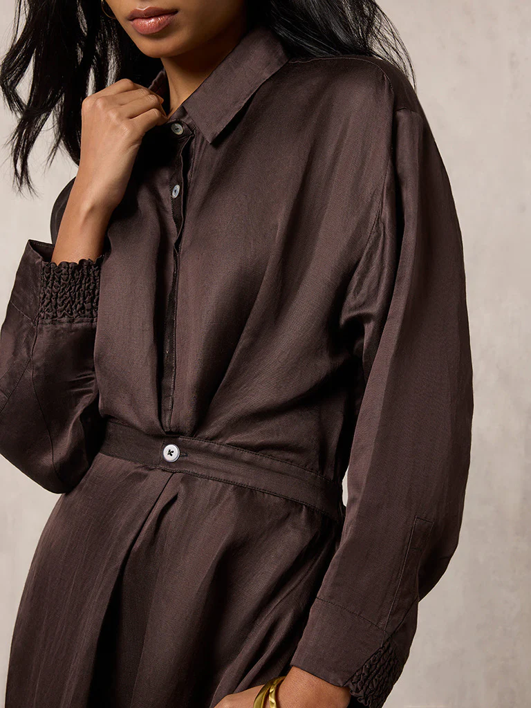 Solid Brown Shirt Dress - Image 3