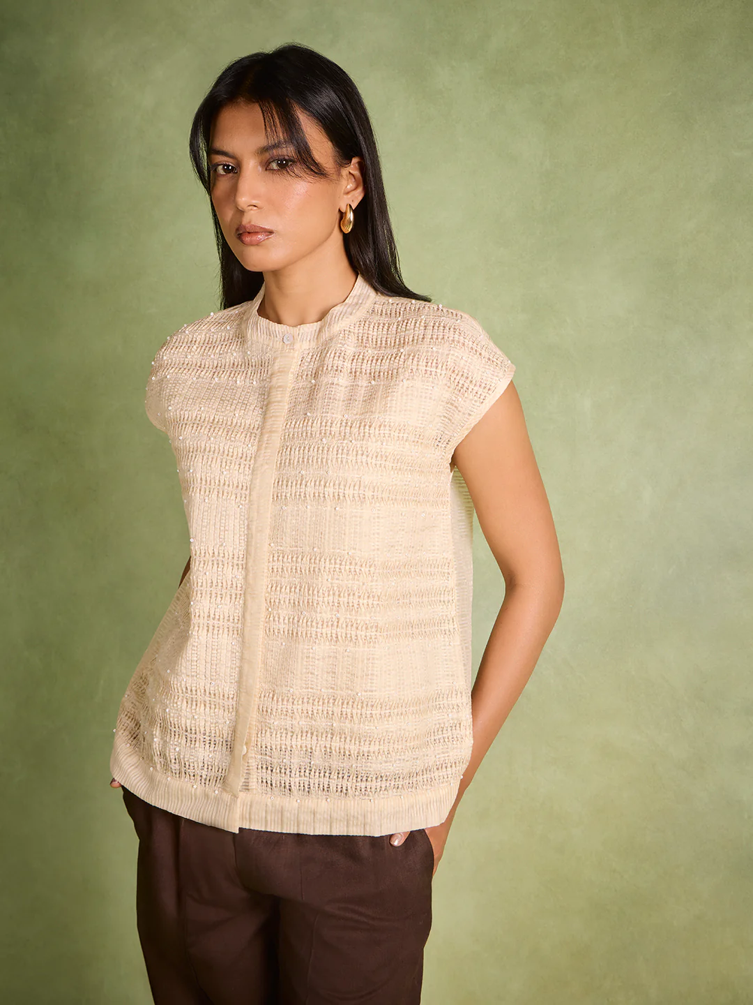 Textured Embellished Top β Beige