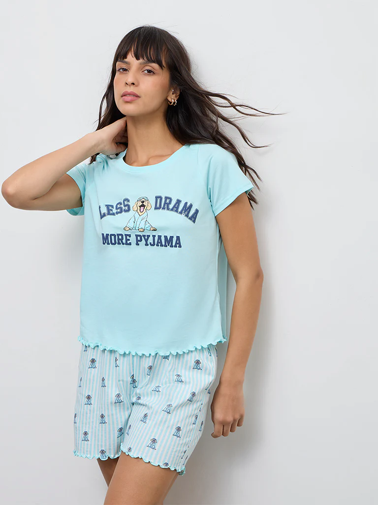 Wunderlove Aqua Graphic Printed Cotton T-Shirt and Shorts Set - Image 2