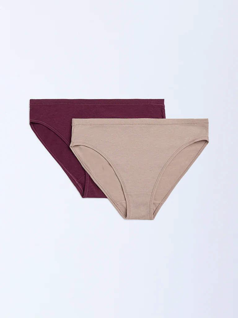 Wunderlove Beige Cotton-Blend Hi-Leg Briefs - Pack of 2 - Image 2