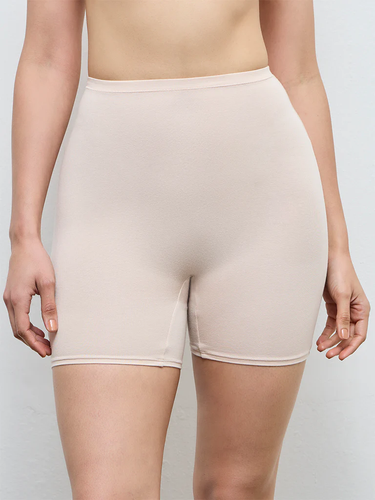 Wunderlove Beige Cotton-Blend High-Rise Cycling Shorts - Image 2