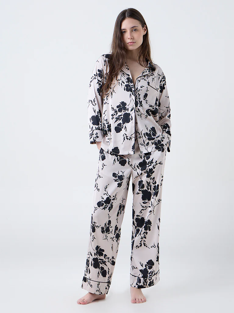 Wunderlove Beige Floral Design Satin Shirt and Pyjamas Set - Image 2