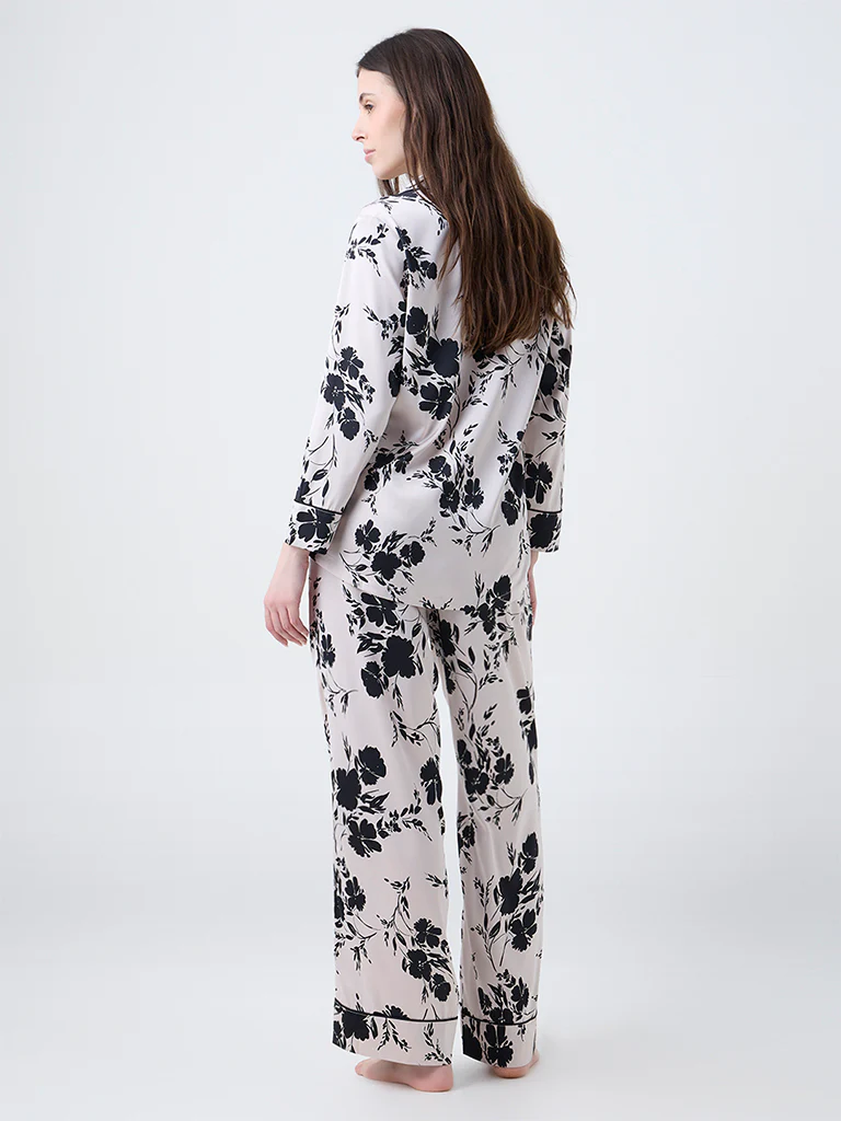 Wunderlove Beige Floral Design Satin Shirt and Pyjamas Set - Image 4