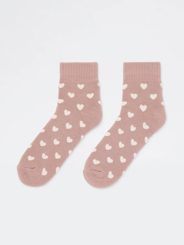 Wunderlove Beige Heart-Printed Cotton-Blend Socks