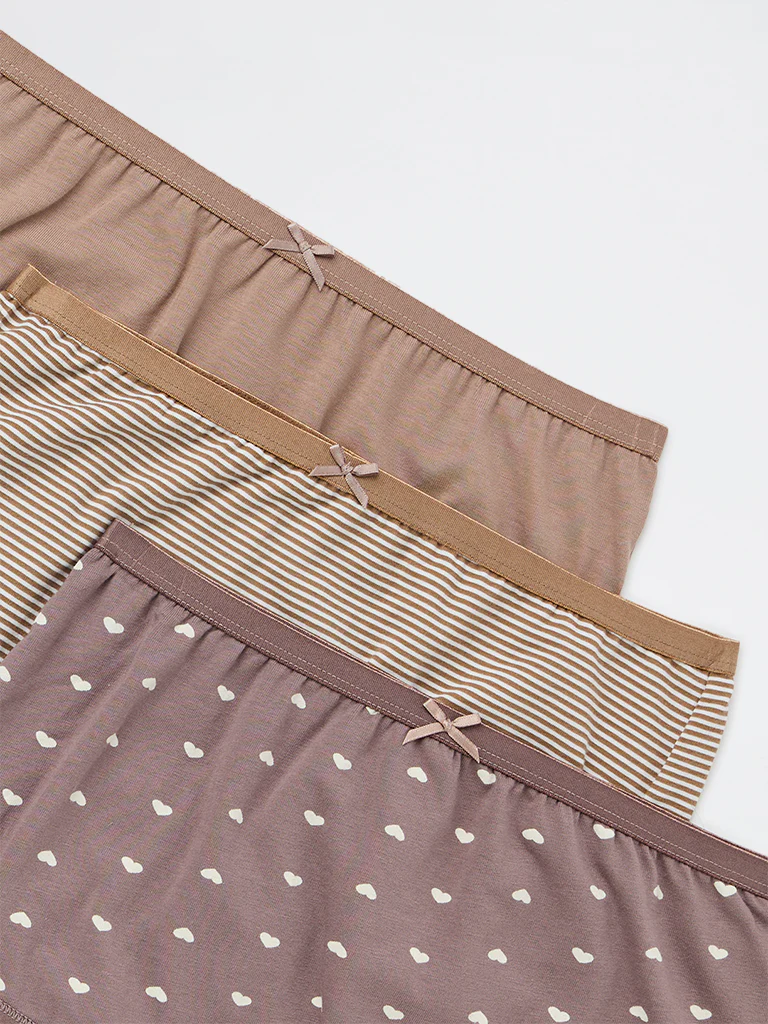 Wunderlove Beige Printed Cotton-Blend Full Briefs - Pack of 3 - Image 8