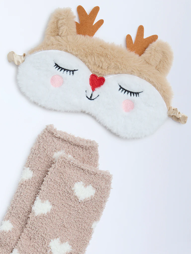 Wunderlove Beige Printed Socks and Eye Mask Set - Image 3