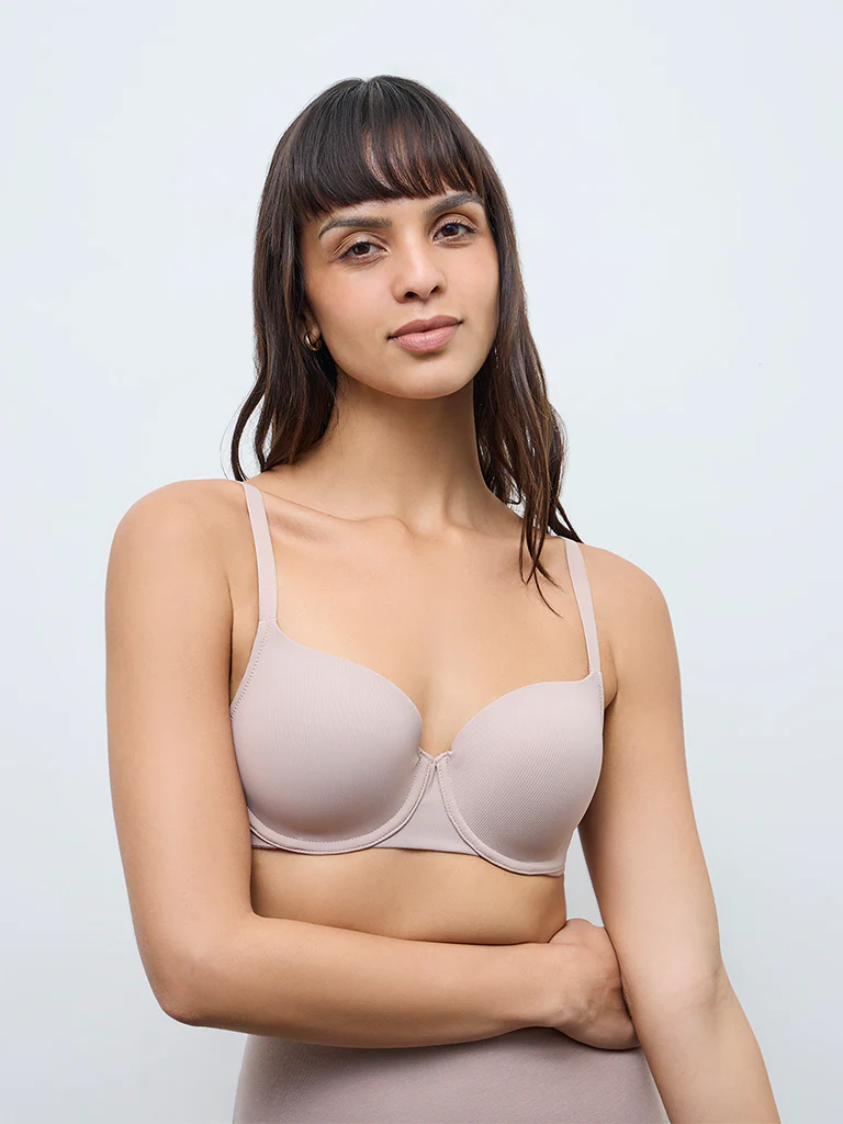 Wunderlove Beige Self-Striped Underwired Bra - Image 2