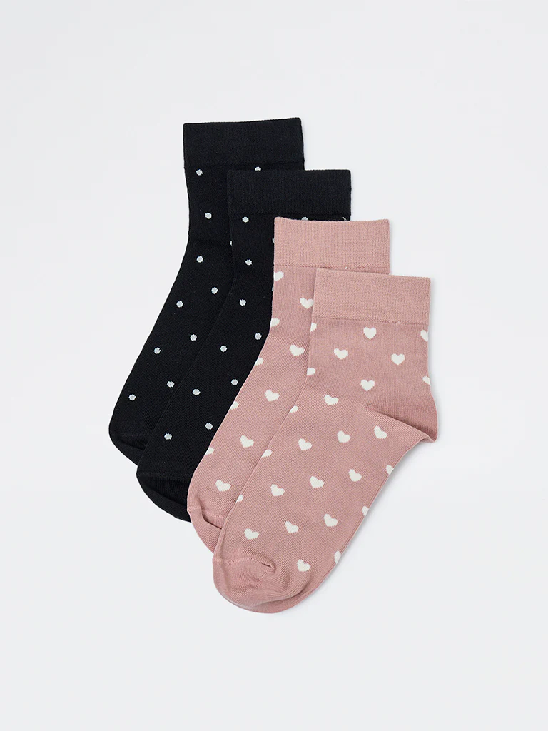 Wunderlove Black and Pink Cotton-Blend Ankle-Length Socks - Pack of 2 - Image 2