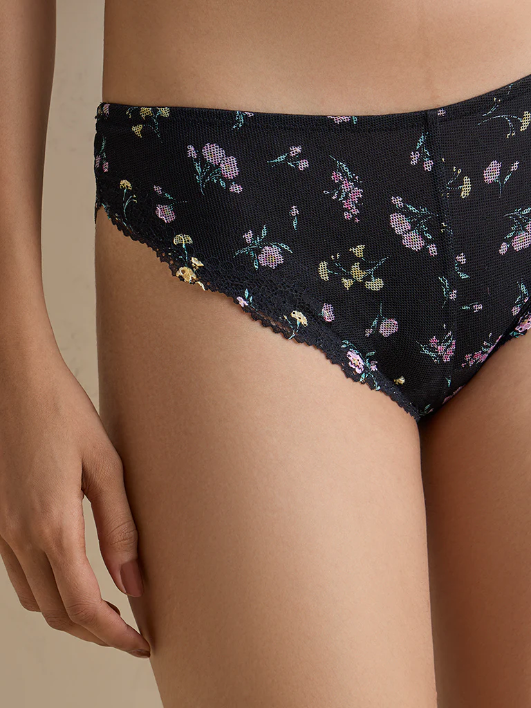 Wunderlove Black Floral Printed Brazilian Briefs - Image 3