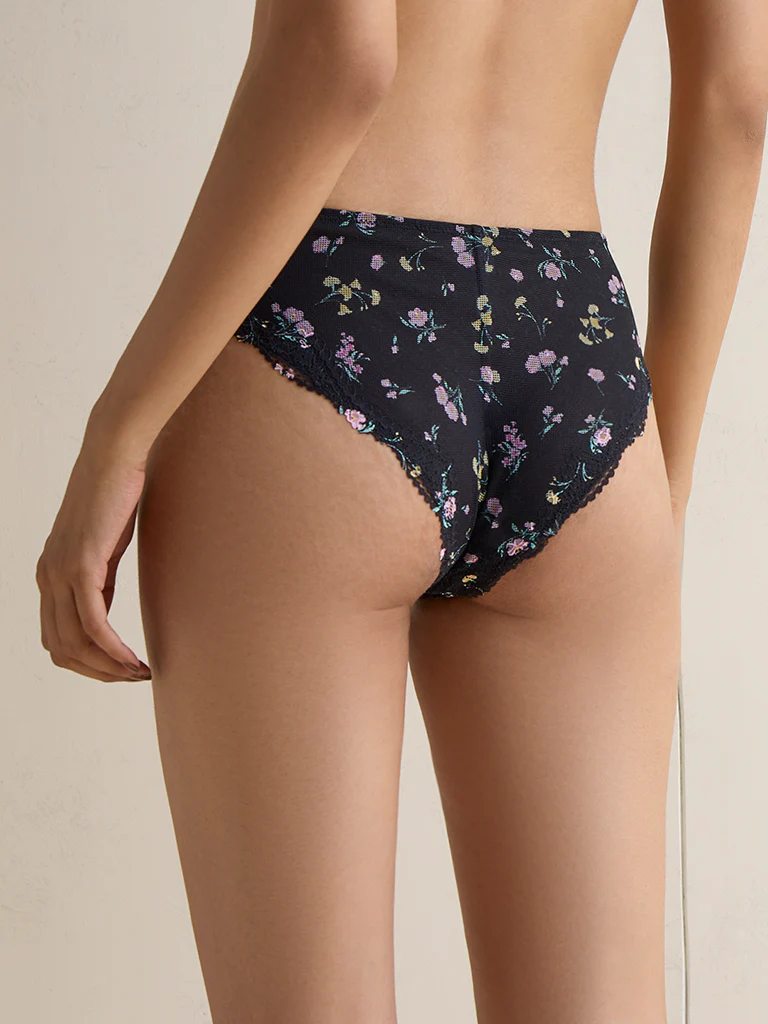 Wunderlove Black Floral Printed Brazilian Briefs - Image 4