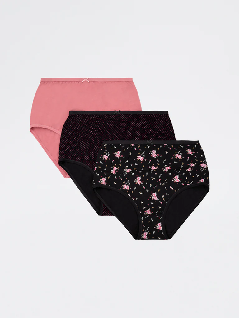 Wunderlove Black Floral Printed Cotton-Blend Full Briefs - Pack of 3 - Image 2