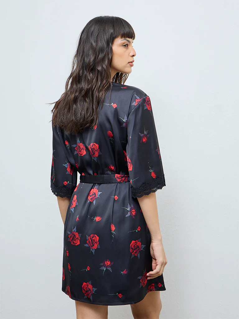 Wunderlove Black Floral Robe with Belt - Image 4