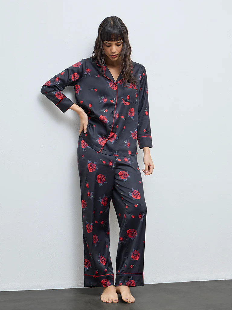 Wunderlove Black Floral Shirt and Pyjamas Set - Image 2