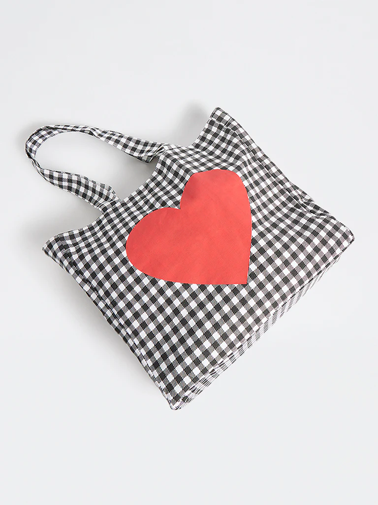 Wunderlove Black Gingham Checkered Canvas Tote Bag - Image 2