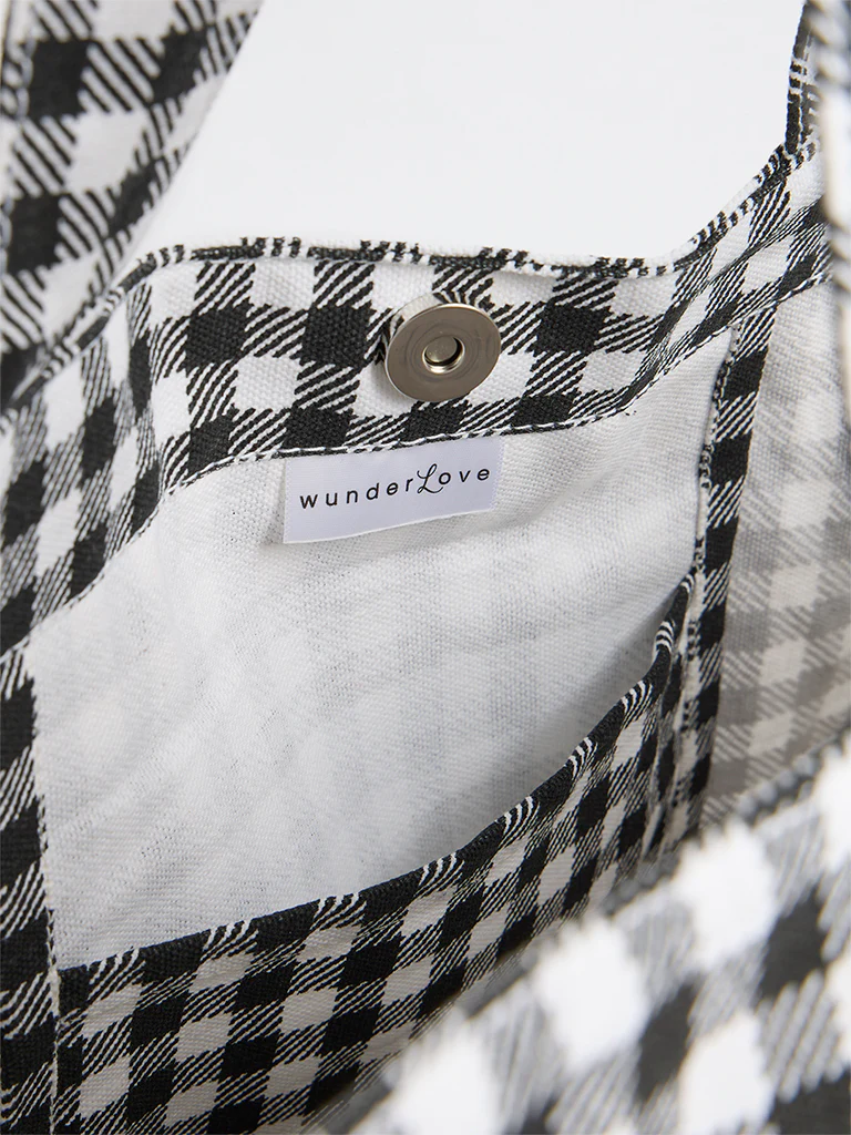 Wunderlove Black Gingham Checkered Canvas Tote Bag - Image 3