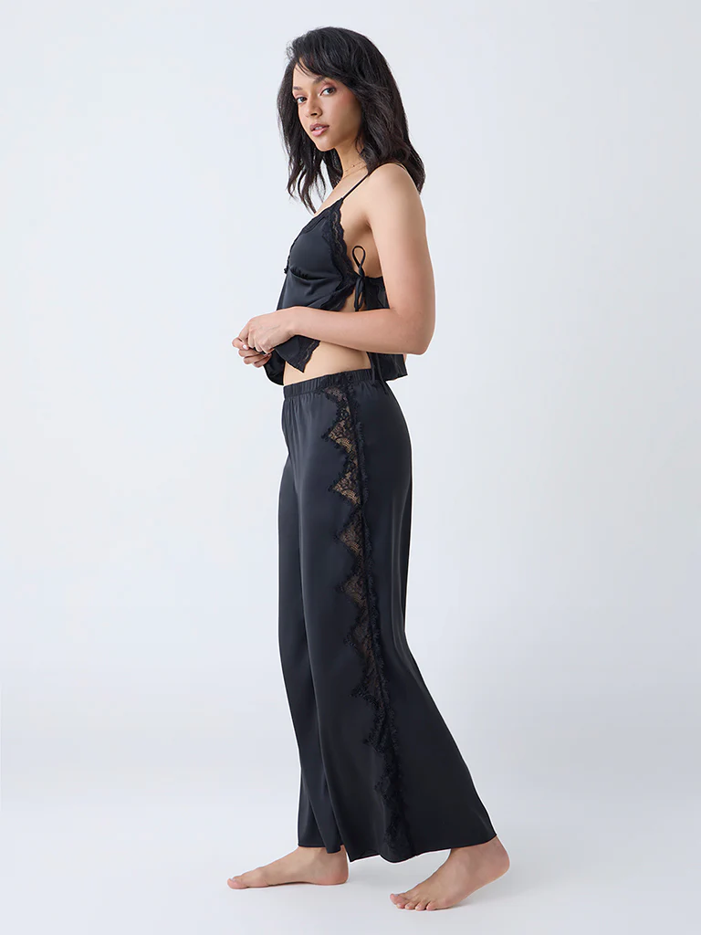 Wunderlove Black Lace-Detailed High-Rise Satin Pants