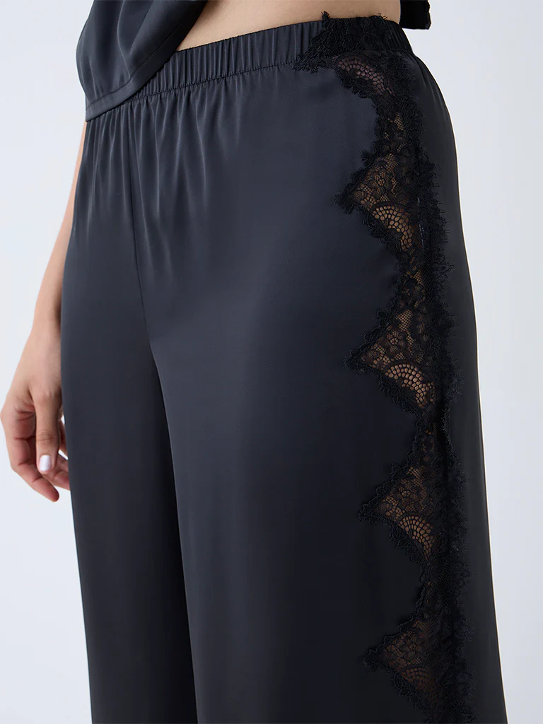 Wunderlove Black Lace-Detailed High-Rise Satin Pants - Image 3